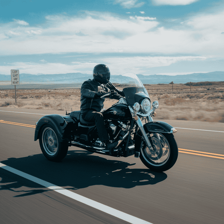 A motorcycle riding on a Nevada highway with a speed limit sign and desert landscape in the background.