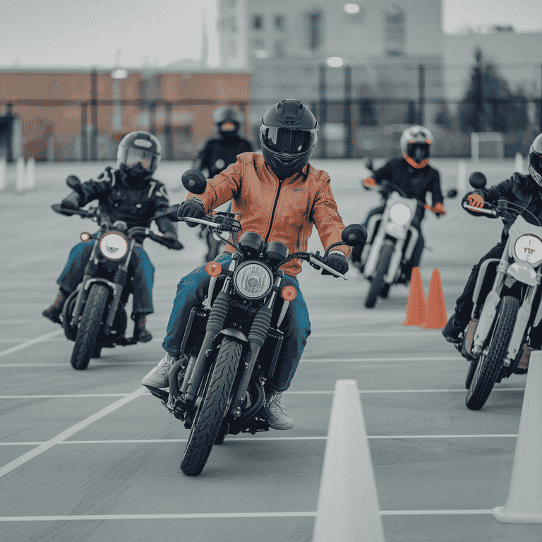 Motorcyclists participating in a safety training course, practicing maneuvers around cones in a parking lot.