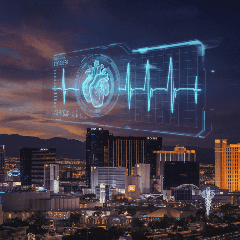 Holographic medical display over Las Vegas skyline, representing the future of telemedicine in Nevada.