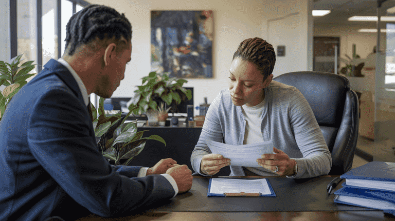 A parent consulting with a legal advisor in an office, reviewing documents related to protective orders, symbolizing the importance of safety in custody cases.