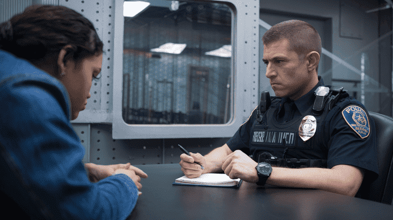 A police interrogation room with an officer speaking to an individual across the table, highlighting the complexities of police questioning.