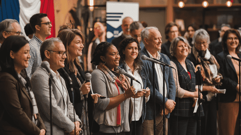 Diverse group of individuals at a public forum with microphones, symbolizing the use of one's voice in civic matters.