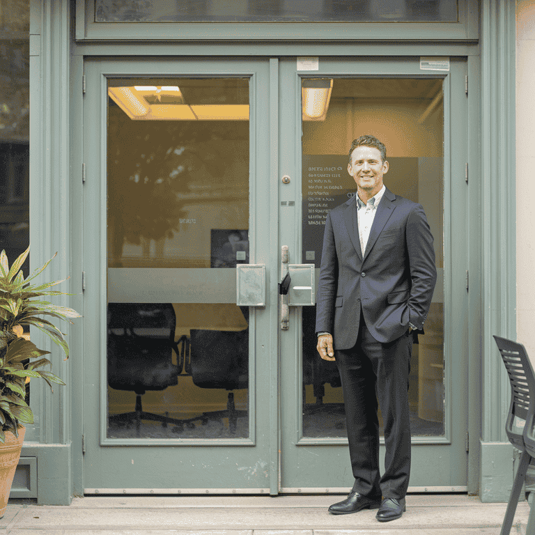 Business owner standing in front of a locked office door, symbolizing protection of business assets in Nevada divorce.