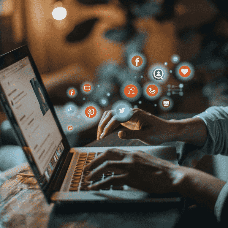 Person at a desk with a laptop showing social media privacy settings, surrounded by security symbols like a shield and padlock.