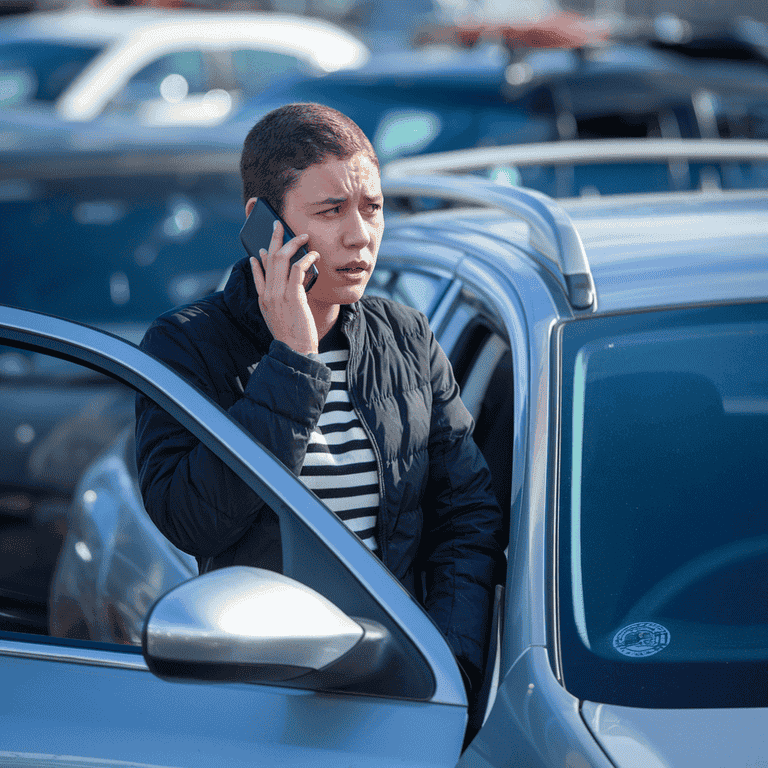 Person making a phone call next to their car after an accident.