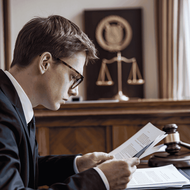 Legal professional reviewing court documents with a gavel and scales of justice in the background.