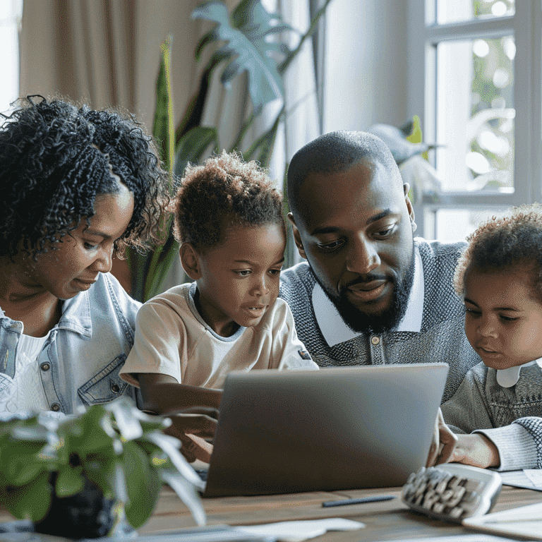 Parents looking at a laptop screen with legal resources, symbolizing support available for those facing international custody issues.