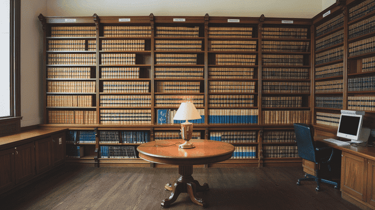 Law library with shelves of legal books and a computer station.