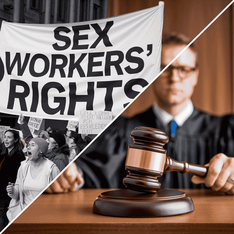 A split-screen image showing a protest for sex workers' rights and a courtroom gavel, representing the growing debate surrounding sex work and escort services.