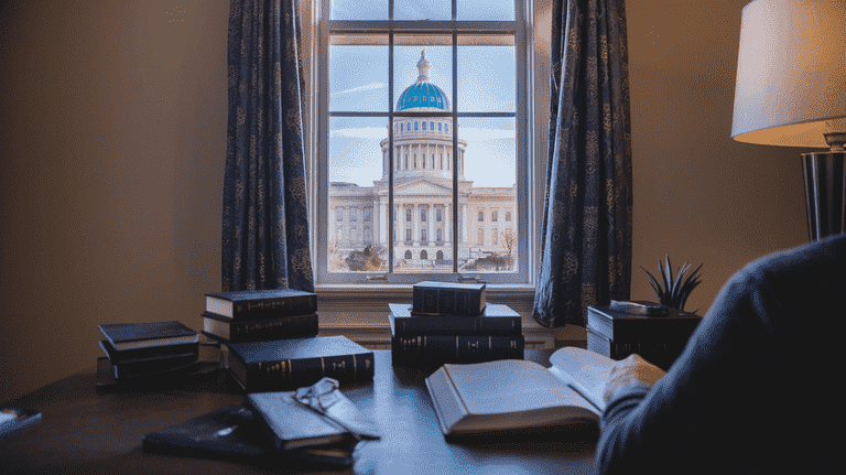 An individual studying legal books at a desk, with the Nevada State Capitol building visible through a window in the background.