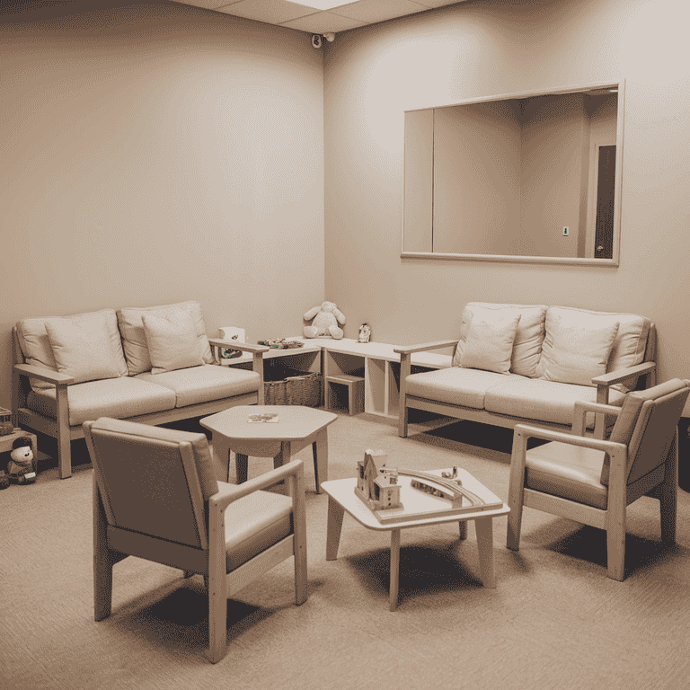 A supervised visitation room with cozy seating and toys, designed for safe and monitored parent-child interactions.