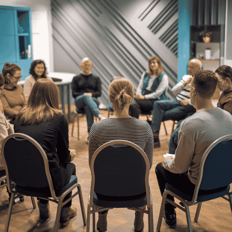 Group of people sitting in a circle during a support meeting