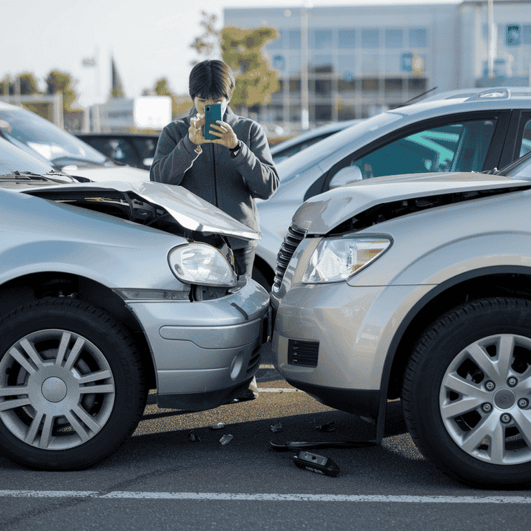 Person taking photos of two cars involved in a minor accident with no visible damage.