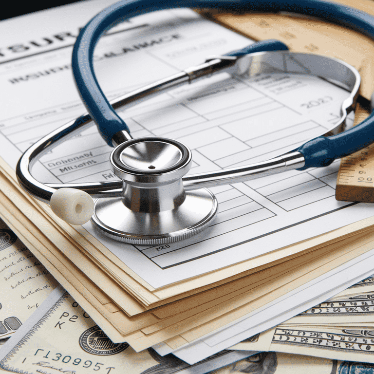 Medical stethoscope on insurance forms and money, representing healthcare costs and coverage.