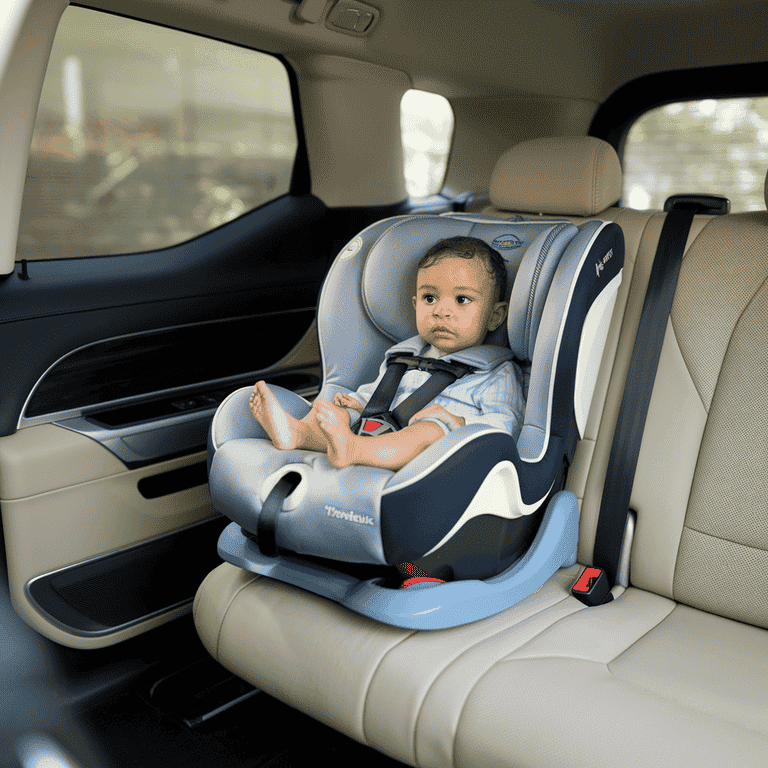 A toddler safely seated in a forward-facing car seat with a 5-point harness.