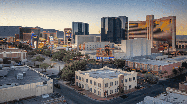 Cityscape of Las Vegas showing both popular tourist attractions and areas associated with higher crime rates.