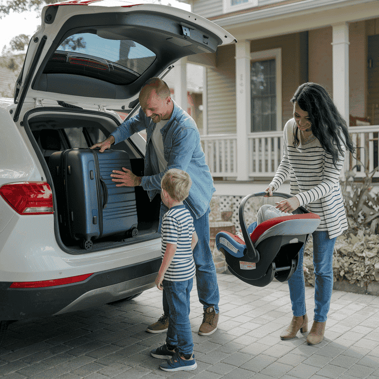 A family preparing for a road trip with a car seat securely placed in the backseat of the vehicle.