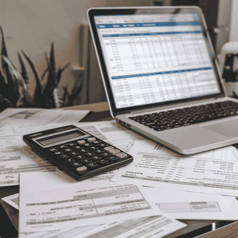 Calculator, financial documents, and a laptop on a desk representing the process of working with a forensic accountant.