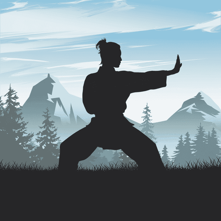 Silhouette of a person in a karate stance against a red background