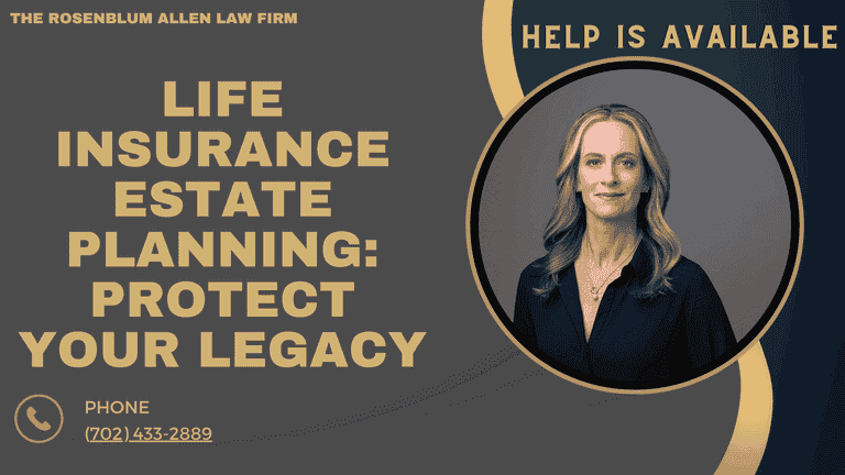 Banner for The Rosenblum Allen Law Firm featuring attorney Molly Rosenblum, highlighting life insurance estate planning services with a message that help is available.