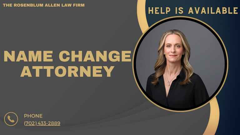 Banner for The Rosenblum Allen Law Firm promoting name change attorney services, featuring a professional woman and contact information.