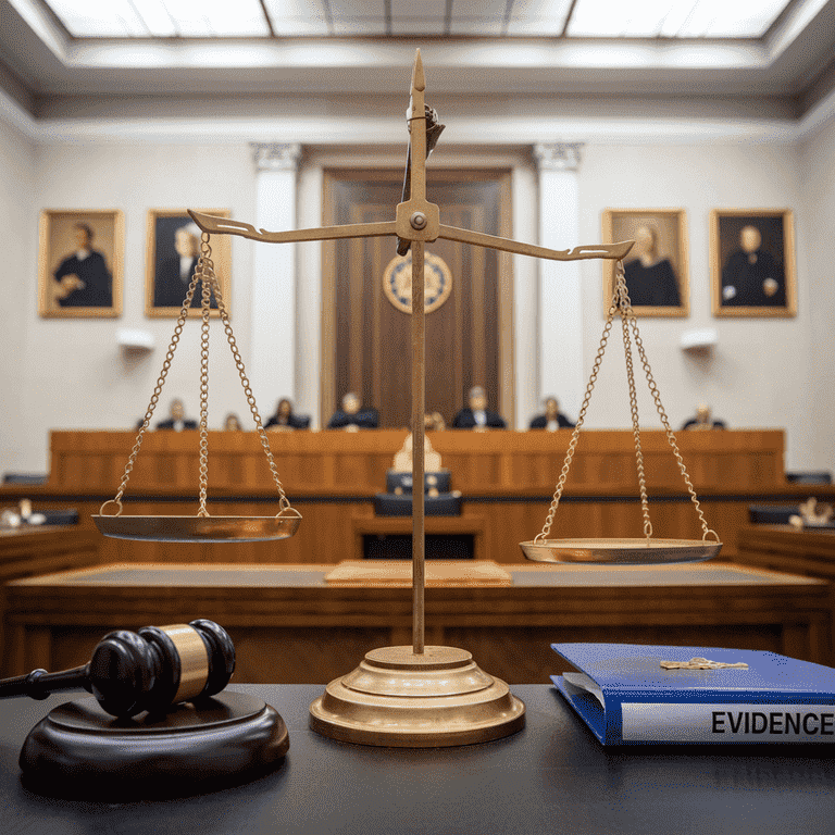 Balanced scale with gavel and evidence folder, symbolizing justice and disclosure in criminal proceedings exculpatory evidence