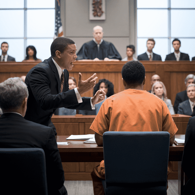 Courtroom scene depicting a defense attorney presenting a case to the judge and jury.