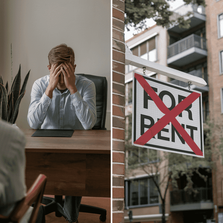 Split image of a rejected job applicant and a crossed-out rental sign