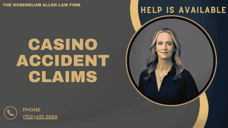 A professional promotional banner for The Rosenblum Allen Law Firm, featuring an image of Molly Rosenblum Allen, Esq. The banner highlights "Casino Accident Claims" with a tagline offering help and the law firm's contact number, (702) 433-2889.