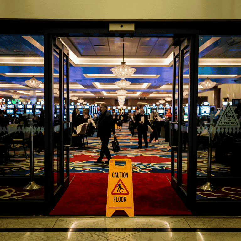 Casino entrance with a 'Caution: Wet Floor' sign in a high-traffic area, emphasizing the duty of care owed by casinos to keep guests safe.