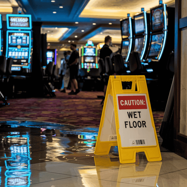 Casino hallway with a 'Caution: Wet Floor' sign near a spill, slot machines and patrons in the background, depicting a common cause of casino injury claims.