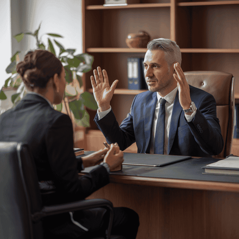 A lawyer attentively listening to a client in a modern office, showcasing effective communication and accessibility in legal services.