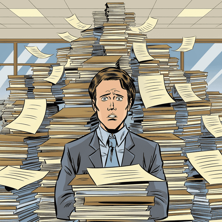 Person looking puzzled in front of a mountain of paperwork, representing challenges in filing a motion.