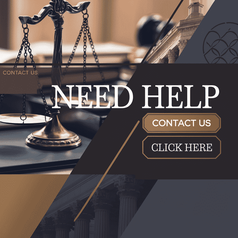 A professional banner for a law firm featuring a scale of justice in bronze on the left and classical courthouse columns in the background. The text "NEED HELP" is prominently displayed in the center, with two buttons below it: one labeled "CONTACT US" in a bronze box and the other labeled "CLICK HERE" in a dark gray box with bronze outlining. The design uses shades of black (#010101), bronze (#b4975a), and dark gray (#333f42), with a clean, formal layout conveying trust and professionalism.