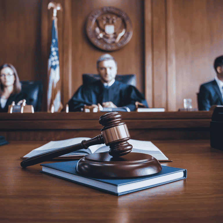 Gavel on a legal book symbolizing judicial authority and legal proceedings.