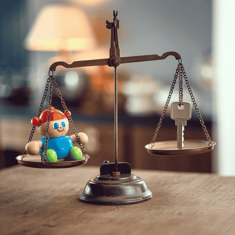 Balanced scale with child's toy and house key representing court considerations in relocation