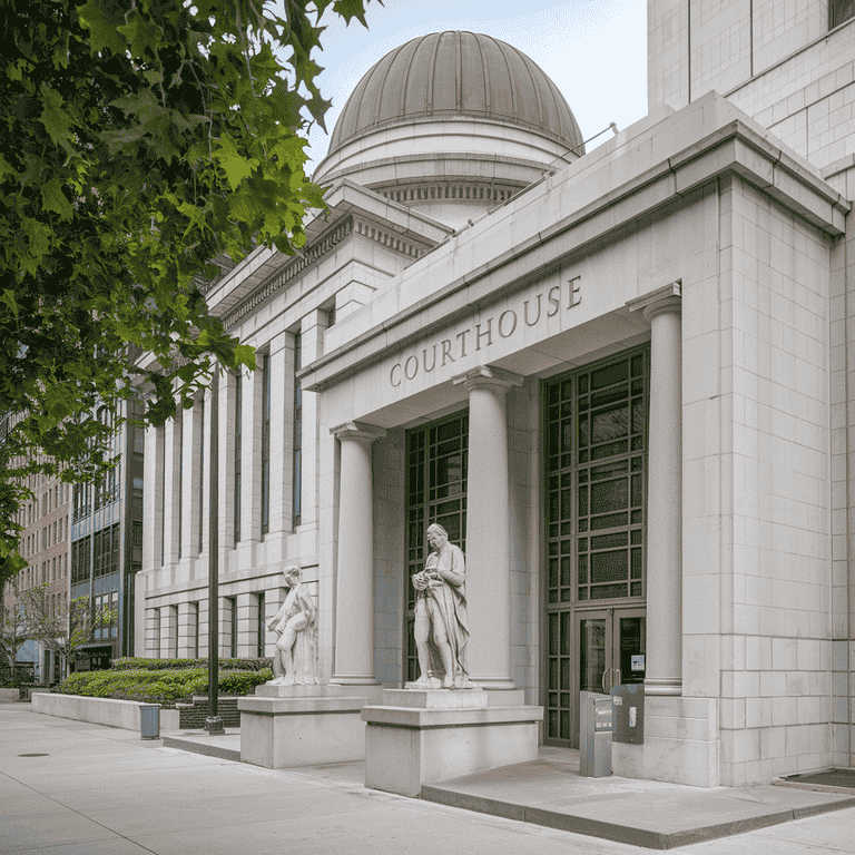 Exterior of a courthouse with visible signage, representing the next steps after filing a motion.