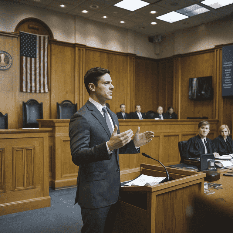 Defense attorney presenting arguments in a courtroom