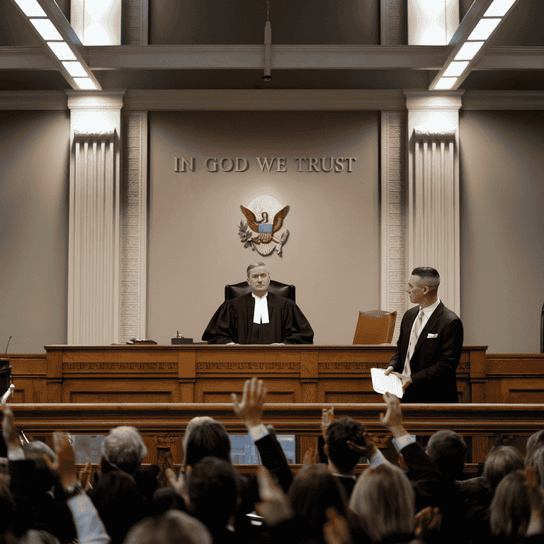 A courtroom setting with a judge presiding over a case, illustrating the legal process in a reckless driving accident case.