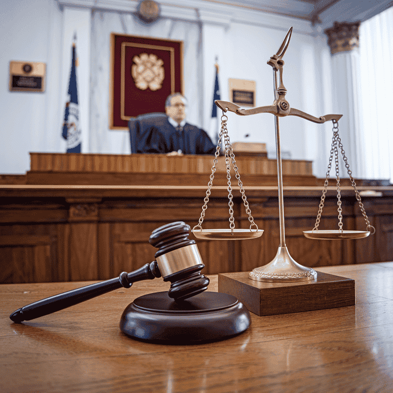 A gavel resting on a wooden bench with scales of justice in the background, symbolizing the legal system.