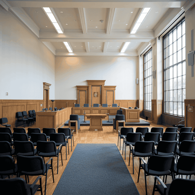 An empty courtroom depicting the trial experience, emphasizing the solemnity and structure of legal proceedings.