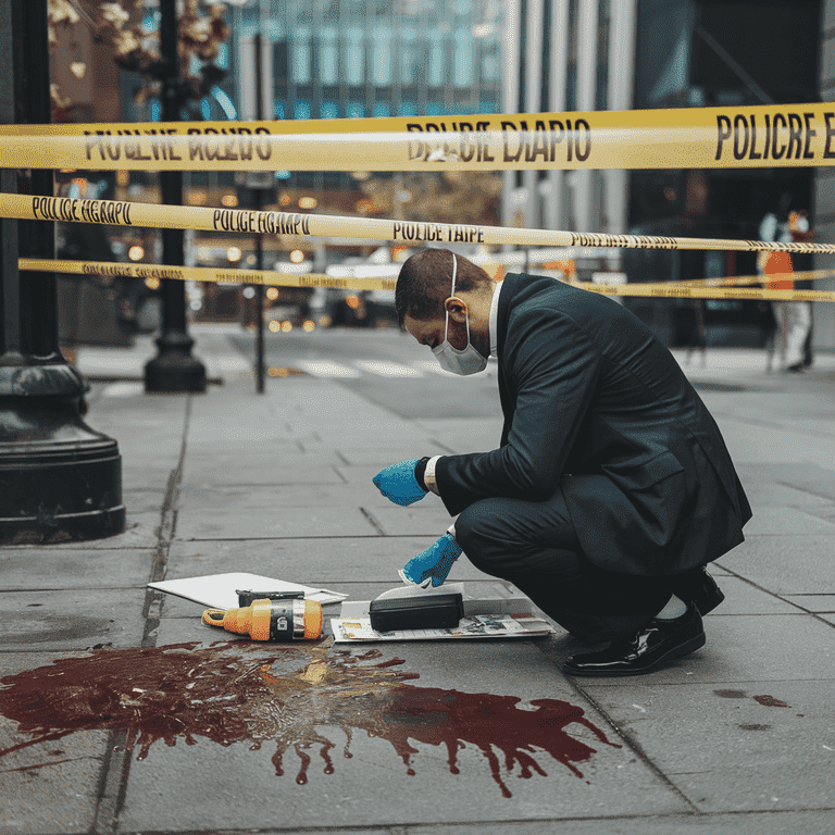 Crime scene investigator examining evidence behind yellow police tape