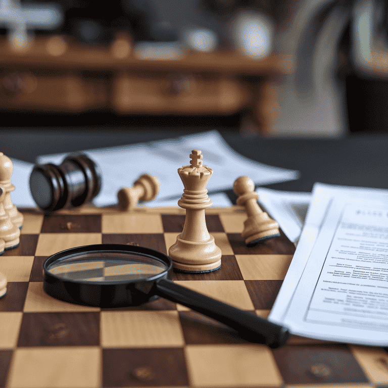 Chessboard with legal documents and magnifying glass among chess pieces, representing strategic planning in legal defense