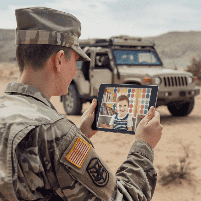 Military parent in uniform video calling child, deployment calendar visible