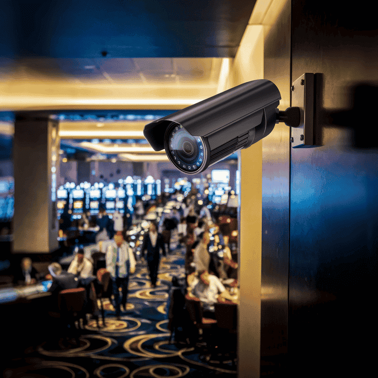 Close-up of a security camera in a casino, overlooking a main walkway with patrons in the background, symbolizing the role of surveillance in determining liability.