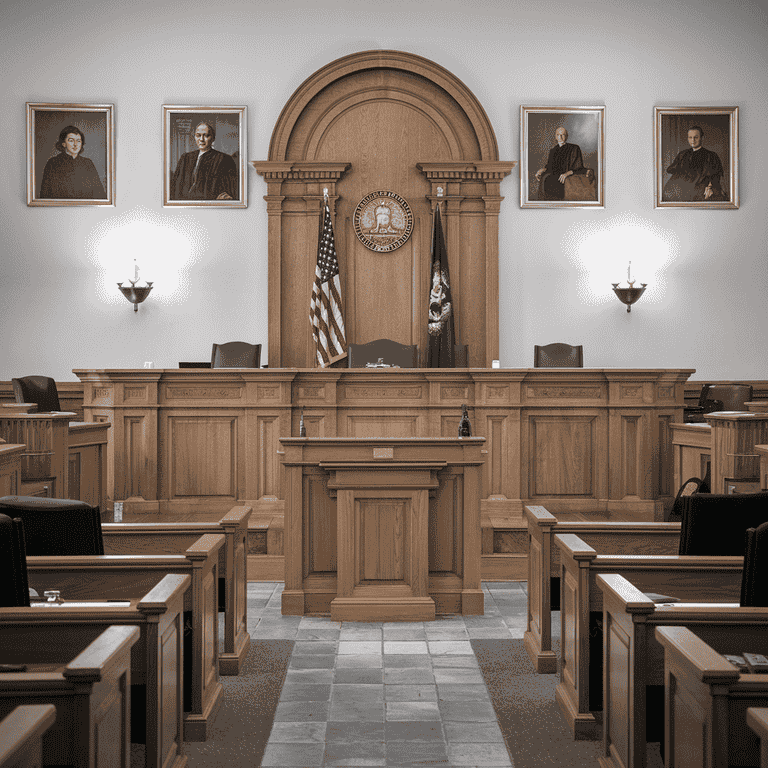 Empty courtroom setup with judge's bench and attorney tables