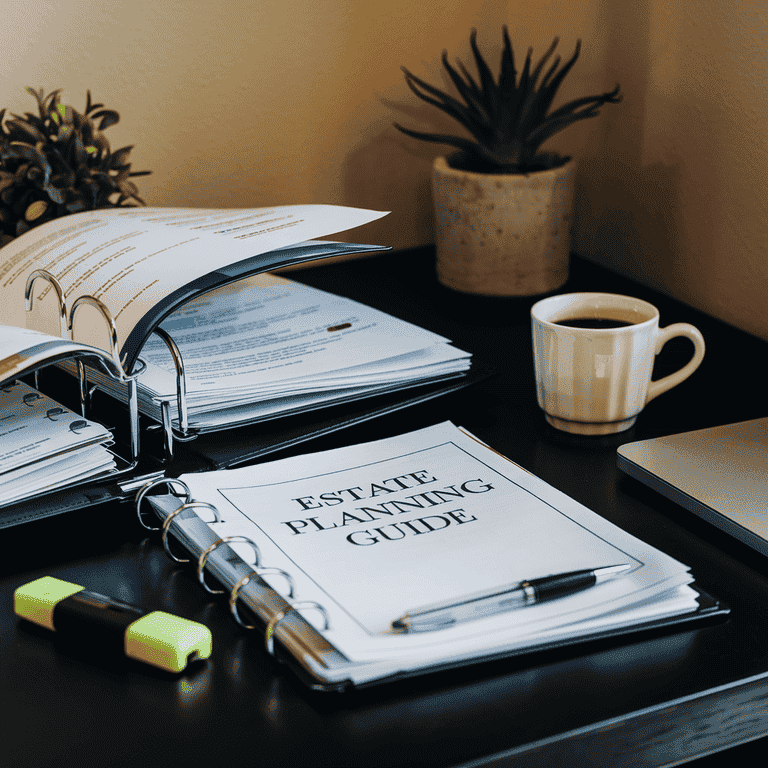 An organized desk setup with an open binder and laptop for estate planning work.