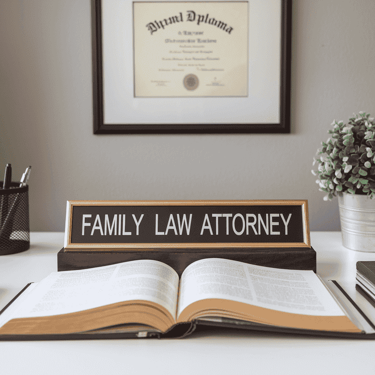 Family law attorney's desk with nameplate, law book, and diploma