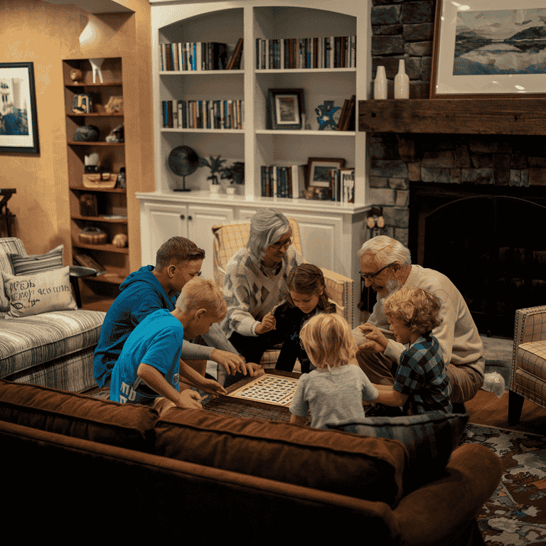 A multigenerational family spending time together in a living room.