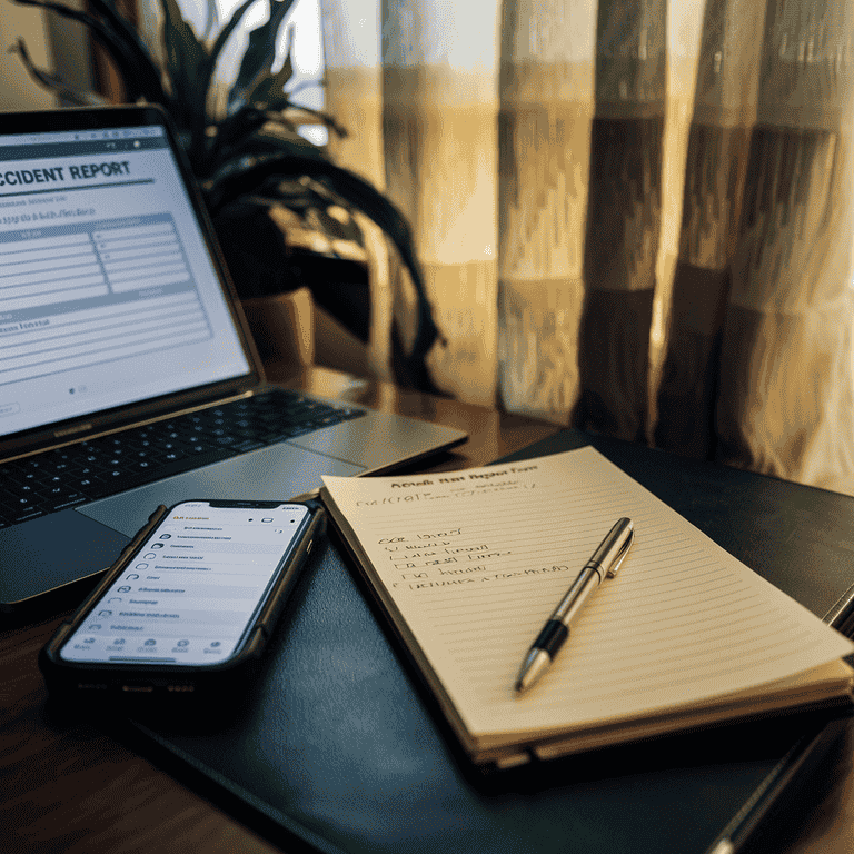 Desk setup with a legal pad, smartphone, and open laptop displaying an accident report form, symbolizing the steps involved in filing a casino accident claim.